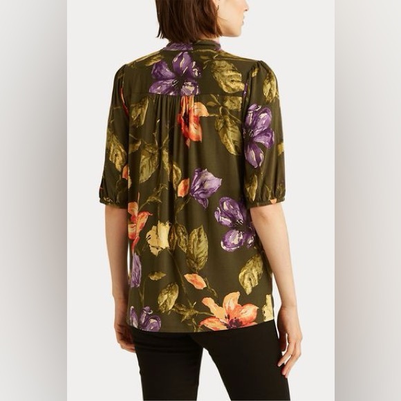 Ralph Lauren Floral Jersey Tie-Neck Blouse in Farm Olive, Plus Size XXL, NWT - Picture 9 of 15